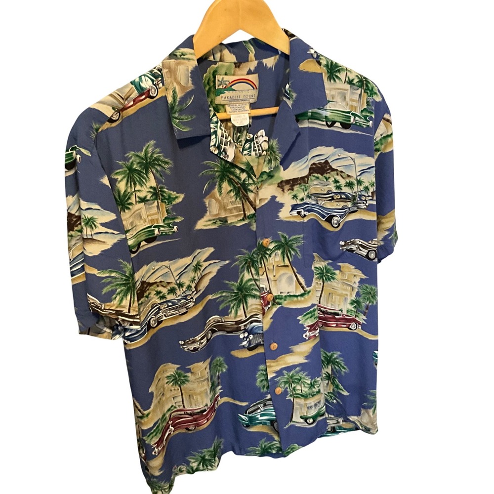 Paradise Found General Motors Hawaiian Shirt Mens Large‎ Classic Cars Palm Trees